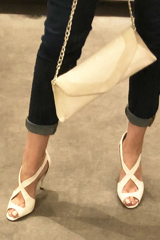 Sky blue and gold women's closed back sandals, with crossed straps. Round toe. Very high slim heel. Worn view - Florence KOOIJMAN